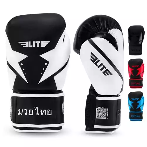 Elite Sports Muay Thai Gloves for Men & Women - Kickboxing Punching Sparing - Pre-Curved Breathable & Lightweight
