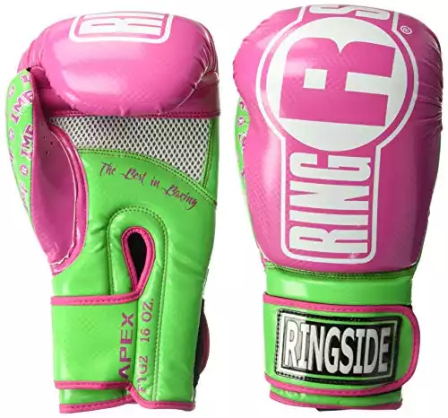 Pink and green Ringside apex boxing gloves